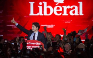 Liberal Party leader and Canadian Prime Minister, Justin Trudeau, celebrates his election victory on October 19, 2015