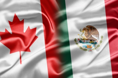 The flags of Canada and Mexico, blending together