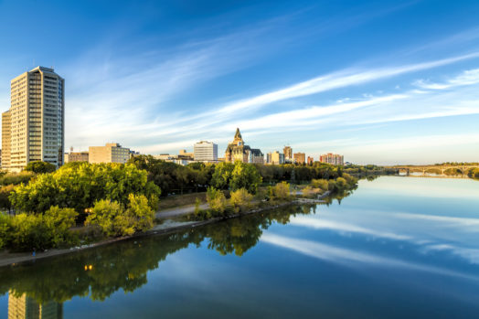 The city landscape in fall of Saskatoon which includes the buildings and South Saskatchewan River.