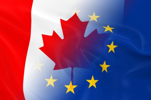 The EU flag superimposed on the Canadian flag
