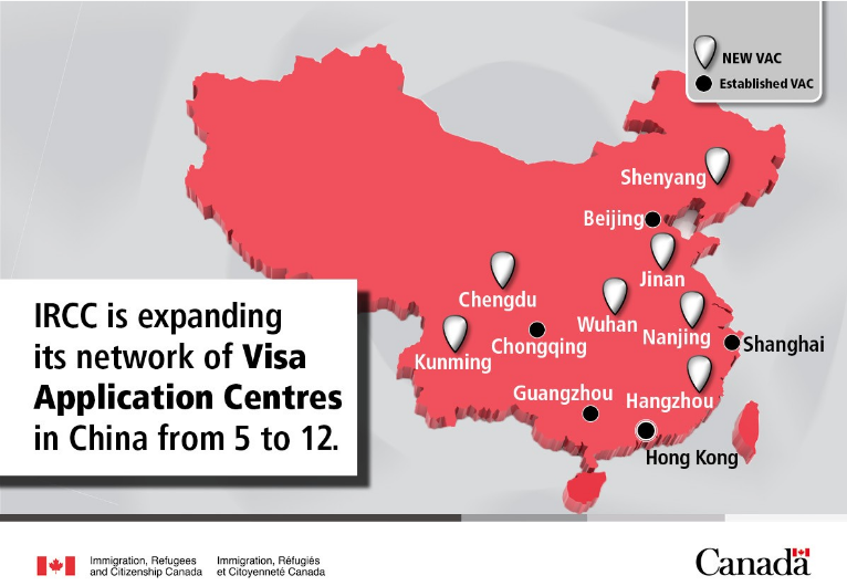 A map of China showing the locations of Visa Application Centres for Canadian visas