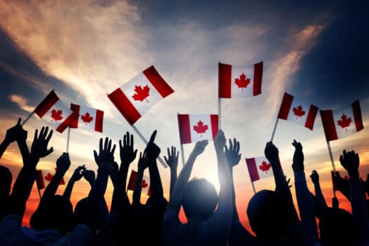 Group People Waving Canadian Flags Back Lit