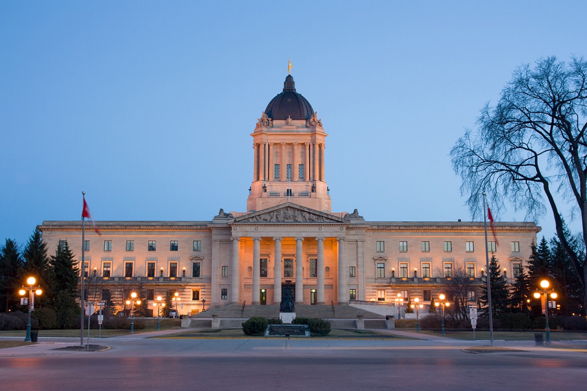The Manitoba legislative building at dusk