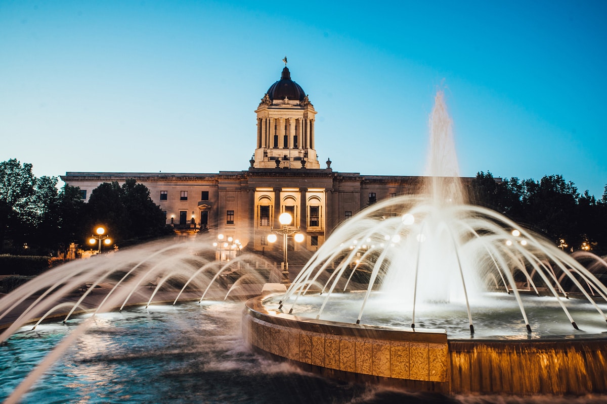 A fountain in front of the Manitoba legislative building