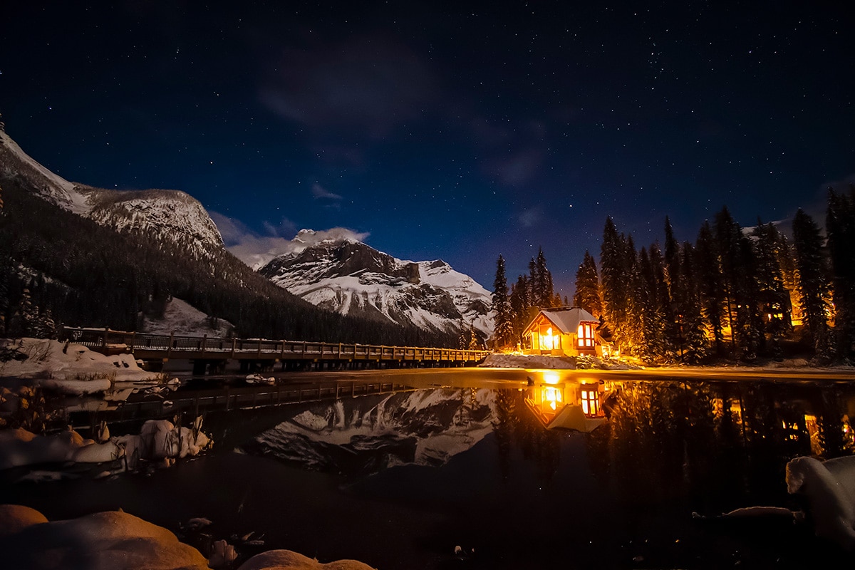 A Canadian lake-side cabin at night