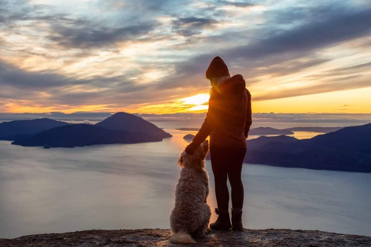 Woman with her dog on Canada mountain top