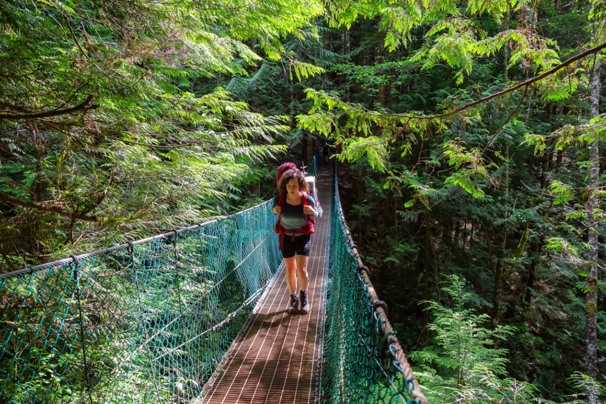 Hiker crossing bridge through forest in Canada