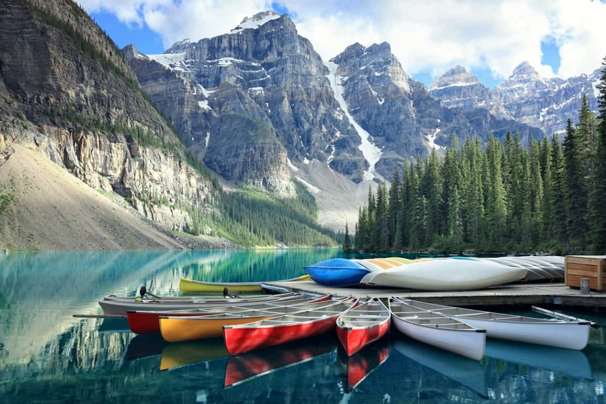 Canoes on Moraine Lake in Alberta