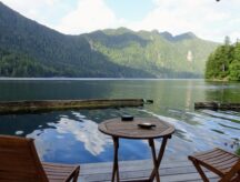 Chairs near a lake in British Columbia.