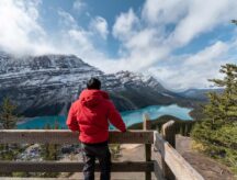 A man stands on a viewing deck at Banff national park in Alberta.