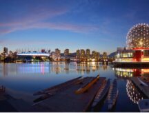 Vancouver science world and BC stadium at night