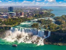 Panorama of aerial view of Canadian side view of Niagara Falls, American Falls and Observation Tower in Niagara Falls, Ontario, Canada
