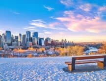 A bench on a snowy day, overlooking Calgary. Canada recently announced new measures for Israelis and Palestinians both abroad and within Canada.