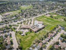 Aerial view of Silverwood Heights which is a mostly residential neighbourhood located in north-central Saskatoon, Saskatchewan, Canada.
