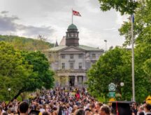 A crowd infront of McGill's main campus building in Montreal. Quebec has instituted new rules for study permit applicants.