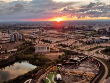 The sun setting over an aerial view of Laval, Quebec, Canada