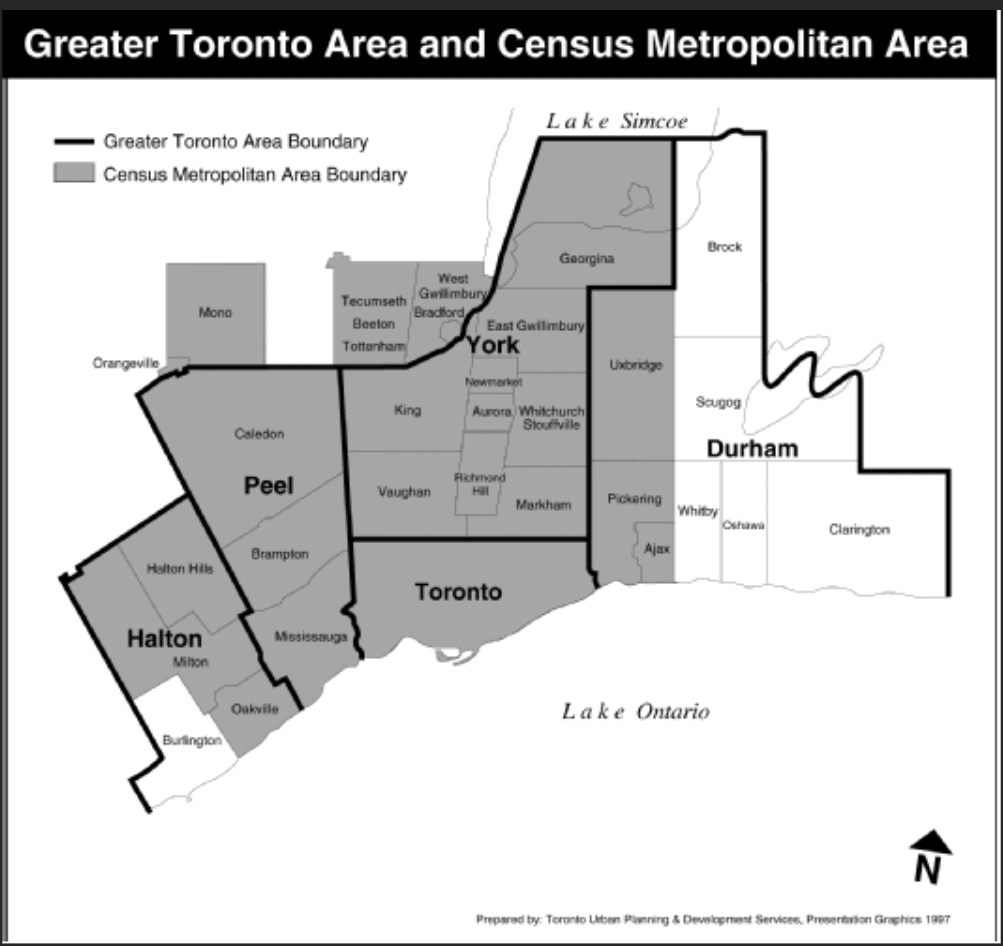 Un mapa que muestra las líneas CMA del distrito de Toronto, incluidas las ciudades del GTA