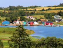 A picture of houses on the PEI coast on a warm summer day.