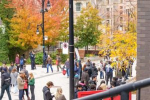 International students outside McGill University in Quebec