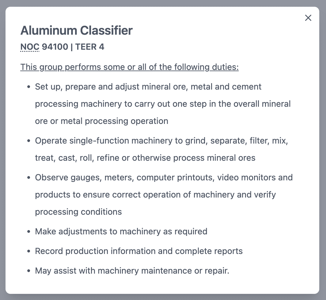 A screenshot showing a full description of the duties for an occupation in CV+.