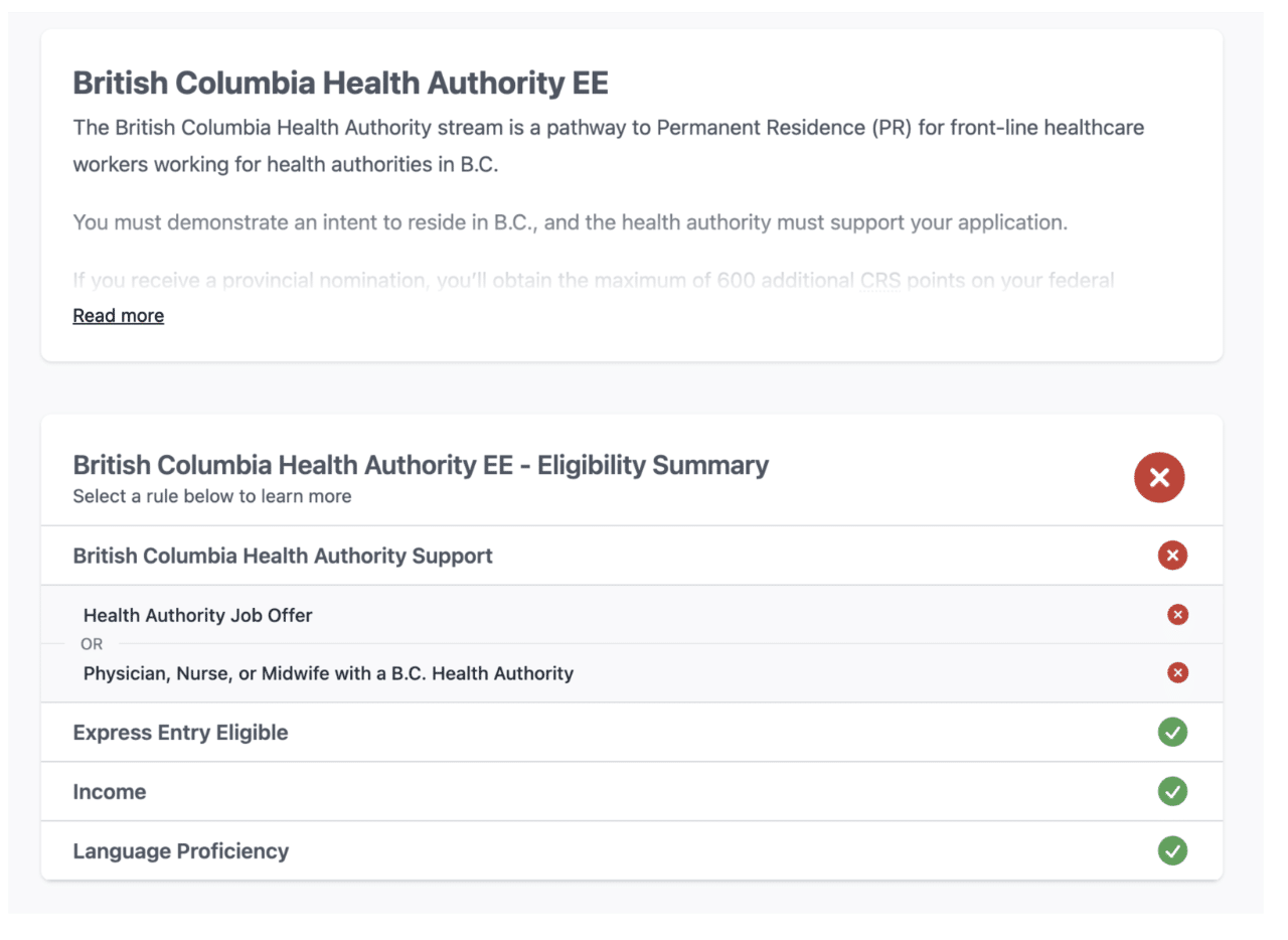 A screenshot from CV+ showing detailed eligibility criteria for a PNP stream
