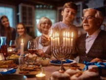 A family celebrating Hanukkah, lighting a nine-branched menorah while surrounded by various dishes.