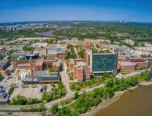 An aerial view of buildings in Manitoba
