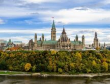 Parliament Hill visible across the Ottawa River, in Ottawa.