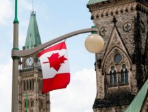 A Canadian flag on Parliament Hill in Ottawa, Canada.