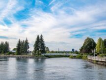 A view of the waterfront of St. Mary's River running through Sault Ste. Marie, Ontario.