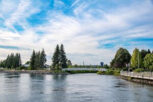 A view of the waterfront of St. Mary's River running through Sault Ste. Marie, Ontario.