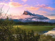 A picture of a mountain over Vermillion lakes in Banff