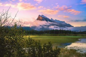 A picture of a mountain over Vermillion lakes in Banff