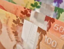 A roll of Canadian bank notes.