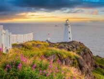 A lighthouse sits on the coast of Newfoundland and Labrador.