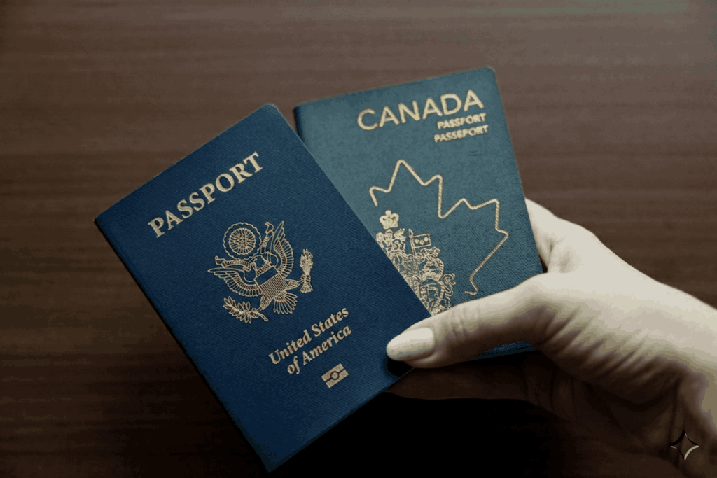 A person holds both a Canadian and American passport.