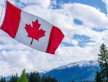 Closeup of Canadian flag waving in the wind, against a backdrop of snow-capped mountains and coniferous trees. Cloudy day.
