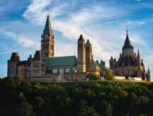 View of parliament hill in Ottawa at sunset.