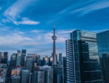A view of the CN tower on a clear summer day.