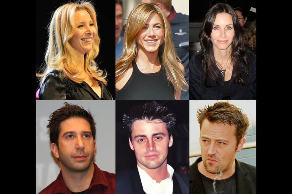 A collage of the actors who play the characters on the hit sitcom Friends
