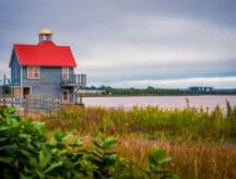 A view of the lakeshore in New Brunswick on an overcast day.
