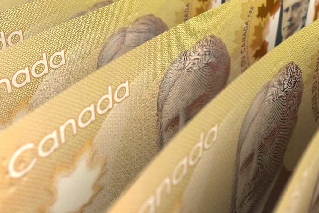 A close-up of Canadian $100 bills.