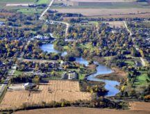 Autumn aerial view of Mitchell a small rural community in Perth County, Ontario, Canada