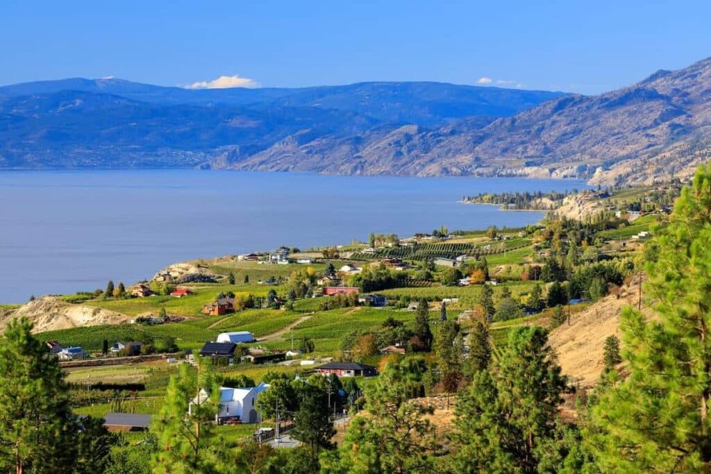 Naramata, a community within the Regional District of Okanagan–Similkameen, in British Columbia, Canada. Houses, greenery, and mountains are visible; clear blue skies.