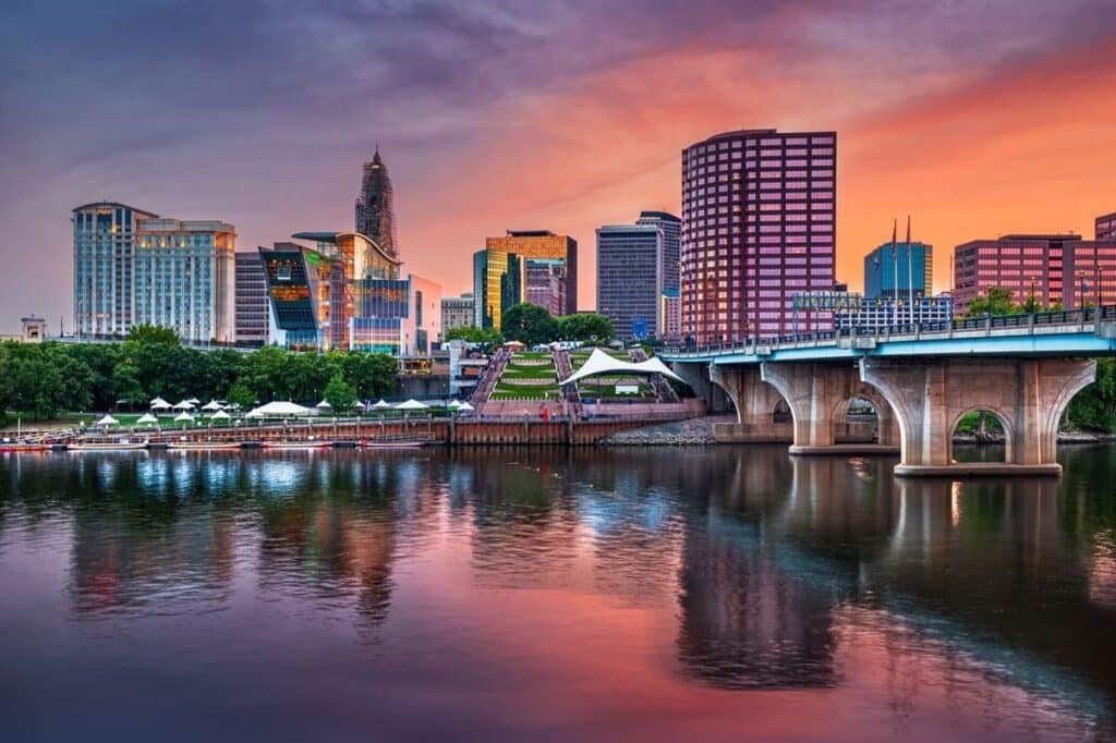The Hartford, Connecticut downtown skyline at sunset.