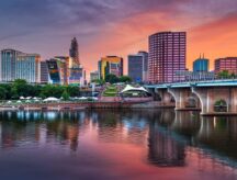 The Hartford, Connecticut downtown skyline at sunset.