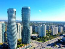 An aerial view of the marilyn monroe towers in Mississauga Ont.