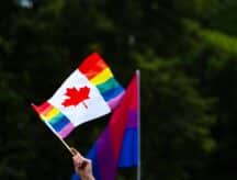 A modifed Canadian flag featuring the pride colours waved with the backdrop of Canadian trees.