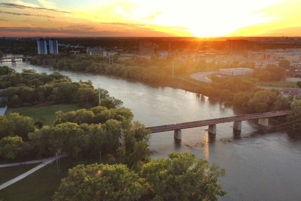 The city of Winnipeg, Manitoba, at sunset.
