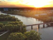 The city of Winnipeg, Manitoba, at sunset.